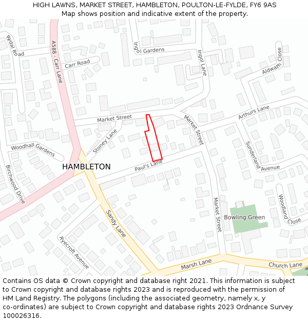 HIGH LAWNS, MARKET STREET, HAMBLETON, POULTON-LE-FYLDE, FY6 9AS: Location map and indicative extent of plot
