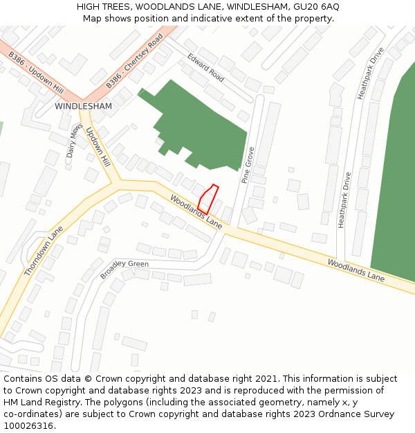 HIGH TREES, WOODLANDS LANE, WINDLESHAM, GU20 6AQ: Location map and indicative extent of plot