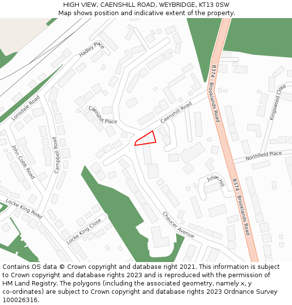 HIGH VIEW, CAENSHILL ROAD, WEYBRIDGE, KT13 0SW: Location map and indicative extent of plot