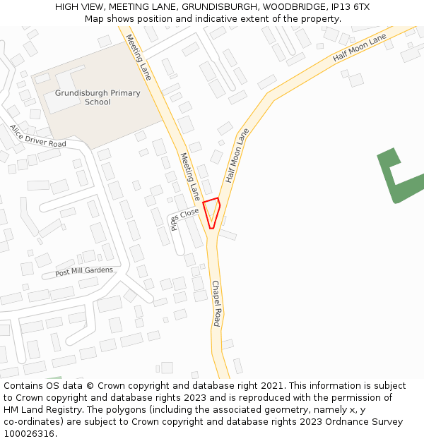 HIGH VIEW, MEETING LANE, GRUNDISBURGH, WOODBRIDGE, IP13 6TX: Location map and indicative extent of plot