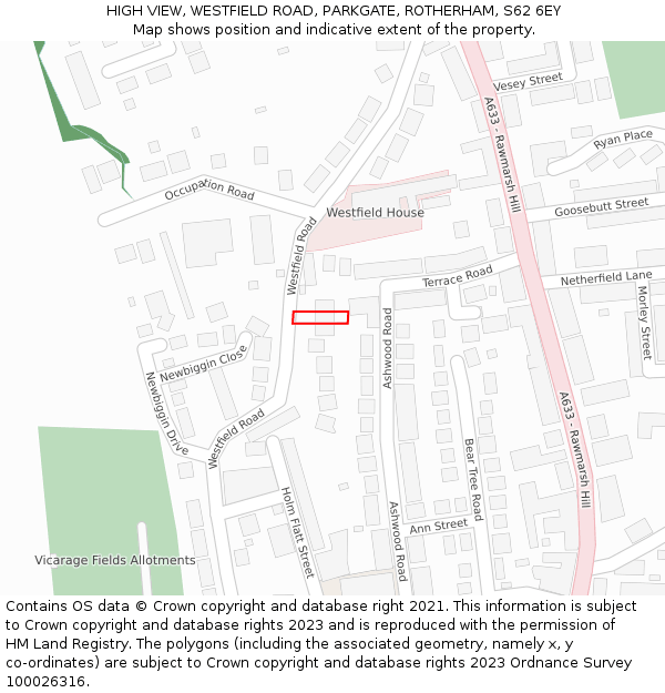 HIGH VIEW, WESTFIELD ROAD, PARKGATE, ROTHERHAM, S62 6EY: Location map and indicative extent of plot