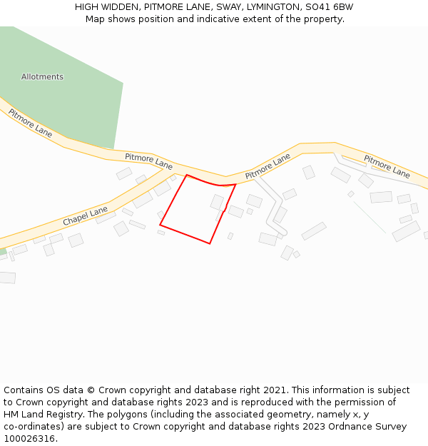 HIGH WIDDEN, PITMORE LANE, SWAY, LYMINGTON, SO41 6BW: Location map and indicative extent of plot