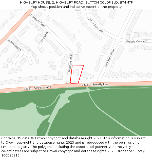 HIGHBURY HOUSE, 2, HIGHBURY ROAD, SUTTON COLDFIELD, B74 4TF: Location map and indicative extent of plot