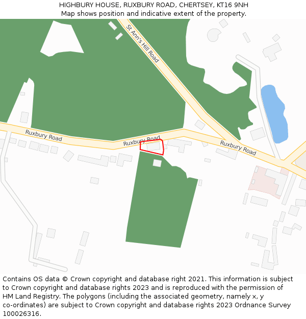 HIGHBURY HOUSE, RUXBURY ROAD, CHERTSEY, KT16 9NH: Location map and indicative extent of plot