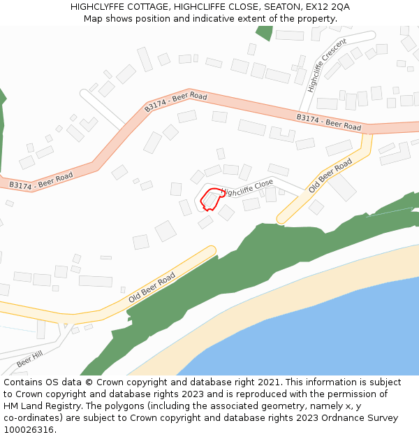 HIGHCLYFFE COTTAGE, HIGHCLIFFE CLOSE, SEATON, EX12 2QA: Location map and indicative extent of plot