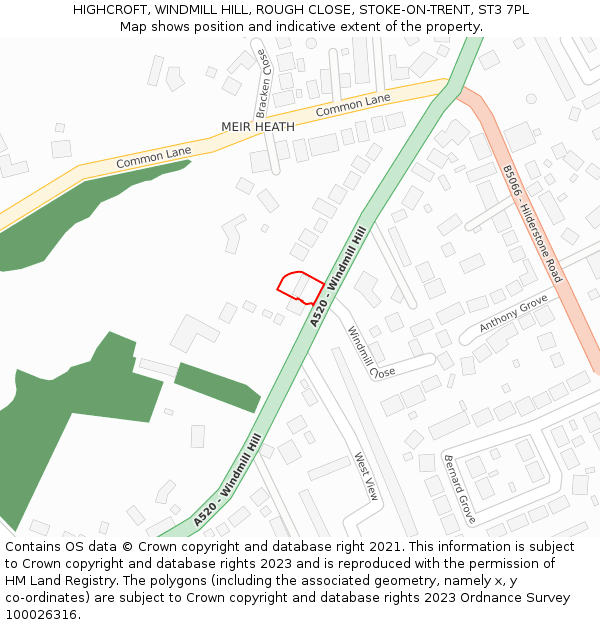 HIGHCROFT, WINDMILL HILL, ROUGH CLOSE, STOKE-ON-TRENT, ST3 7PL: Location map and indicative extent of plot