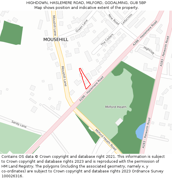 HIGHDOWN, HASLEMERE ROAD, MILFORD, GODALMING, GU8 5BP: Location map and indicative extent of plot
