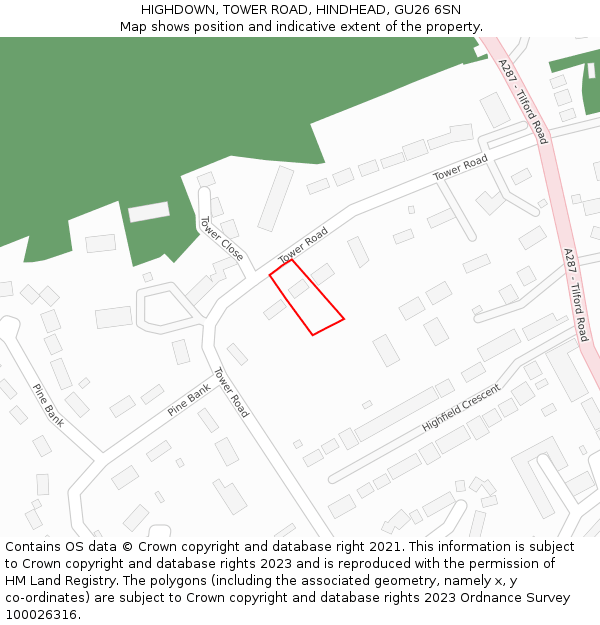 HIGHDOWN, TOWER ROAD, HINDHEAD, GU26 6SN: Location map and indicative extent of plot