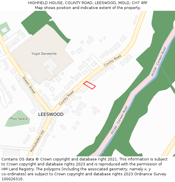 HIGHFIELD HOUSE, COUNTY ROAD, LEESWOOD, MOLD, CH7 4RF: Location map and indicative extent of plot