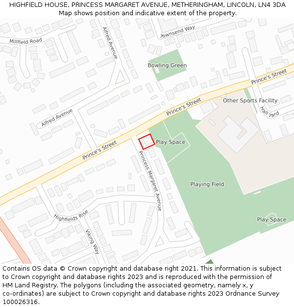 HIGHFIELD HOUSE, PRINCESS MARGARET AVENUE, METHERINGHAM, LINCOLN, LN4 3DA: Location map and indicative extent of plot