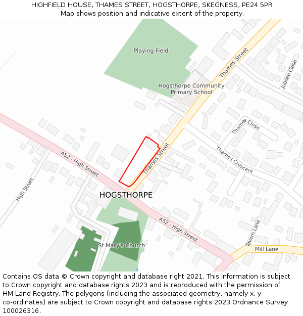 HIGHFIELD HOUSE, THAMES STREET, HOGSTHORPE, SKEGNESS, PE24 5PR: Location map and indicative extent of plot