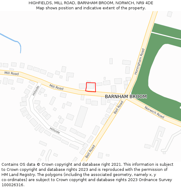 HIGHFIELDS, MILL ROAD, BARNHAM BROOM, NORWICH, NR9 4DE: Location map and indicative extent of plot