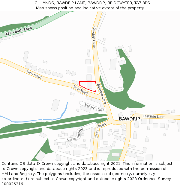 HIGHLANDS, BAWDRIP LANE, BAWDRIP, BRIDGWATER, TA7 8PS: Location map and indicative extent of plot