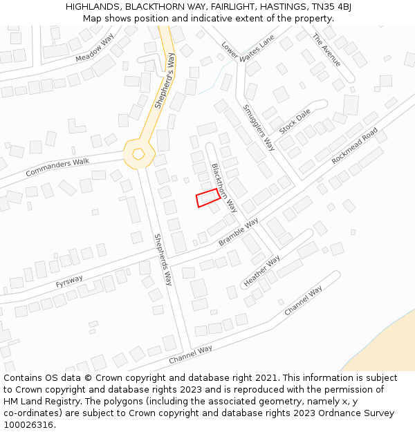 HIGHLANDS, BLACKTHORN WAY, FAIRLIGHT, HASTINGS, TN35 4BJ: Location map and indicative extent of plot