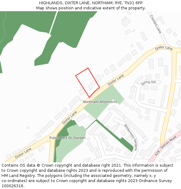 HIGHLANDS, DIXTER LANE, NORTHIAM, RYE, TN31 6PP: Location map and indicative extent of plot