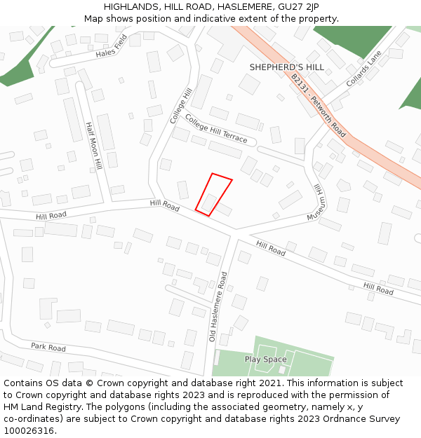 HIGHLANDS, HILL ROAD, HASLEMERE, GU27 2JP: Location map and indicative extent of plot