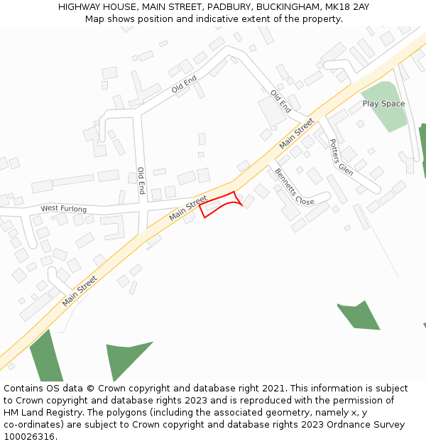 HIGHWAY HOUSE, MAIN STREET, PADBURY, BUCKINGHAM, MK18 2AY: Location map and indicative extent of plot