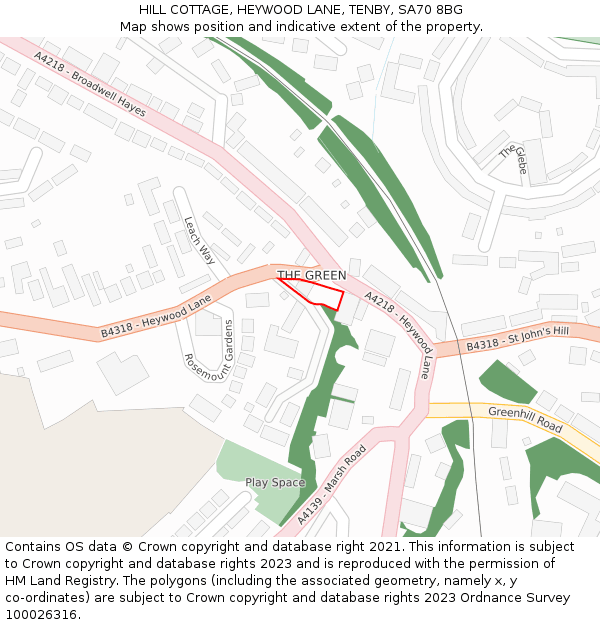 HILL COTTAGE, HEYWOOD LANE, TENBY, SA70 8BG: Location map and indicative extent of plot