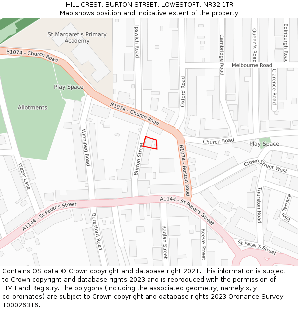 HILL CREST, BURTON STREET, LOWESTOFT, NR32 1TR: Location map and indicative extent of plot