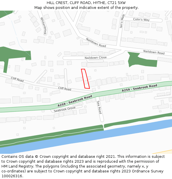 HILL CREST, CLIFF ROAD, HYTHE, CT21 5XW: Location map and indicative extent of plot