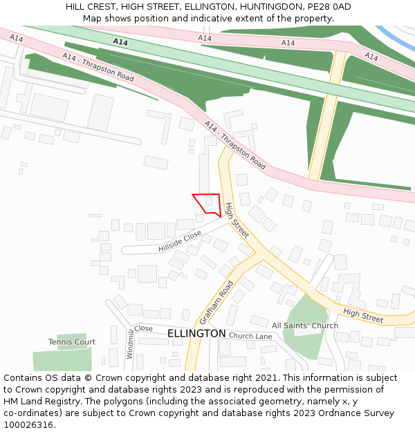 HILL CREST, HIGH STREET, ELLINGTON, HUNTINGDON, PE28 0AD: Location map and indicative extent of plot