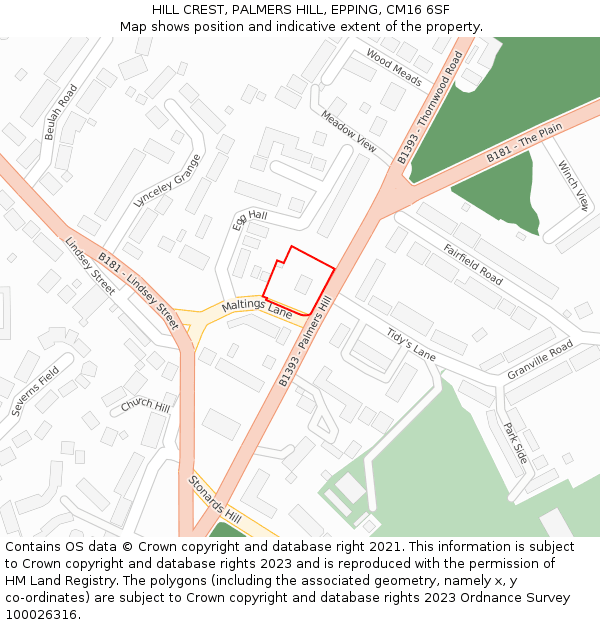 HILL CREST, PALMERS HILL, EPPING, CM16 6SF: Location map and indicative extent of plot