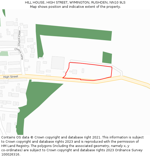 HILL HOUSE, HIGH STREET, WYMINGTON, RUSHDEN, NN10 9LS: Location map and indicative extent of plot
