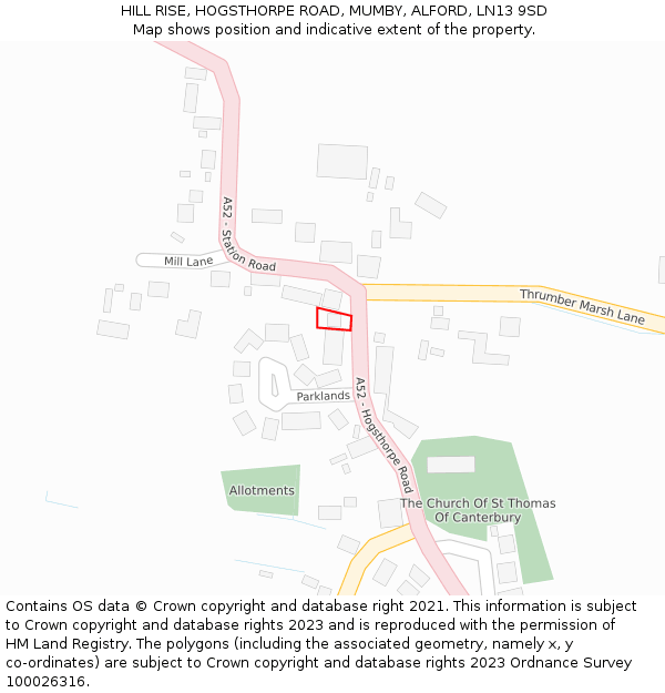 HILL RISE, HOGSTHORPE ROAD, MUMBY, ALFORD, LN13 9SD: Location map and indicative extent of plot