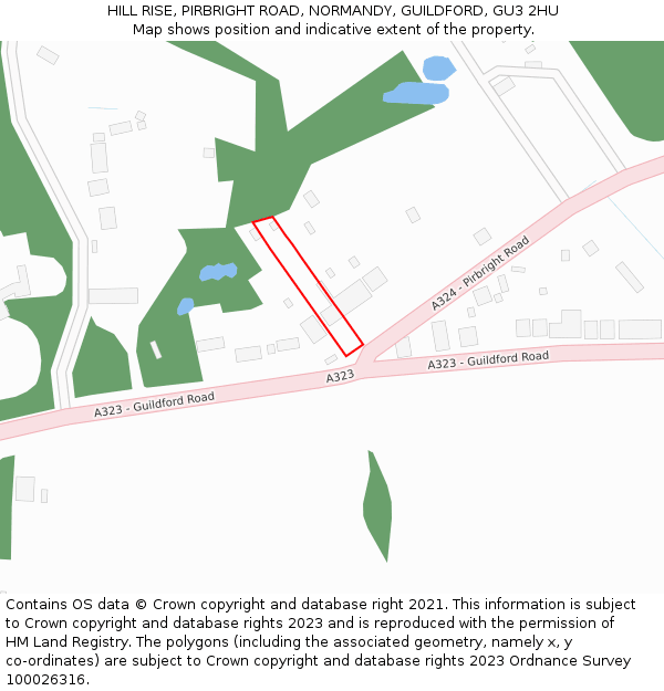 HILL RISE, PIRBRIGHT ROAD, NORMANDY, GUILDFORD, GU3 2HU: Location map and indicative extent of plot