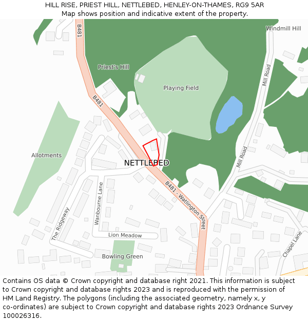 HILL RISE, PRIEST HILL, NETTLEBED, HENLEY-ON-THAMES, RG9 5AR: Location map and indicative extent of plot