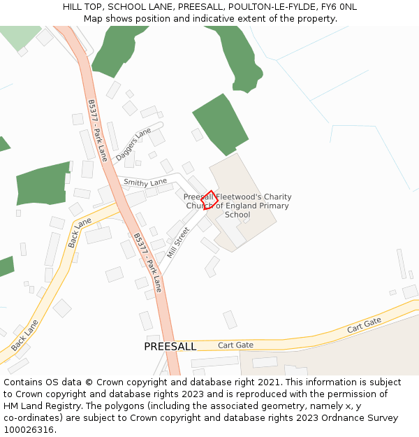 HILL TOP, SCHOOL LANE, PREESALL, POULTON-LE-FYLDE, FY6 0NL: Location map and indicative extent of plot