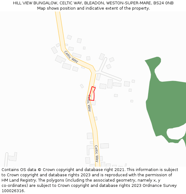 HILL VIEW BUNGALOW, CELTIC WAY, BLEADON, WESTON-SUPER-MARE, BS24 0NB: Location map and indicative extent of plot