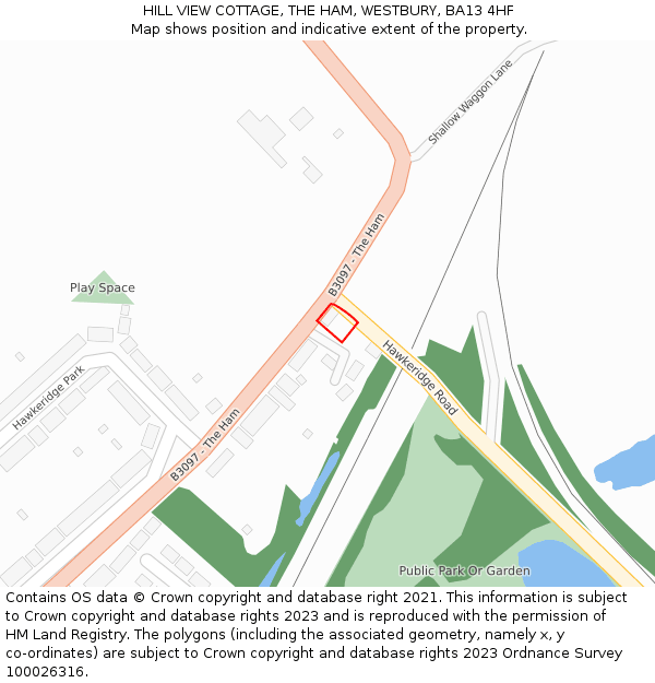 HILL VIEW COTTAGE, THE HAM, WESTBURY, BA13 4HF: Location map and indicative extent of plot