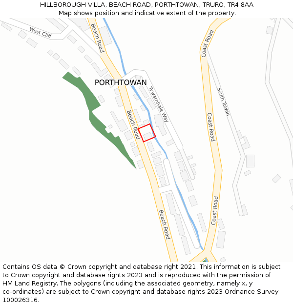 HILLBOROUGH VILLA, BEACH ROAD, PORTHTOWAN, TRURO, TR4 8AA: Location map and indicative extent of plot
