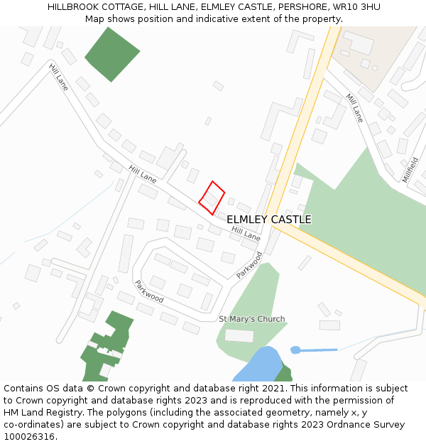 HILLBROOK COTTAGE, HILL LANE, ELMLEY CASTLE, PERSHORE, WR10 3HU: Location map and indicative extent of plot