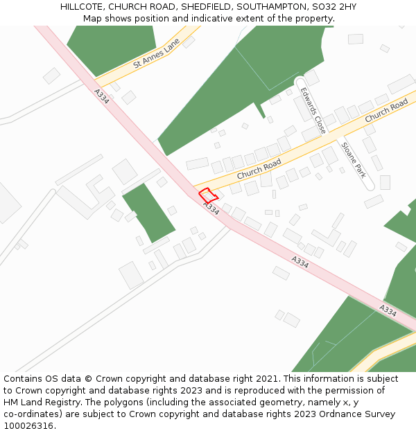 HILLCOTE, CHURCH ROAD, SHEDFIELD, SOUTHAMPTON, SO32 2HY: Location map and indicative extent of plot