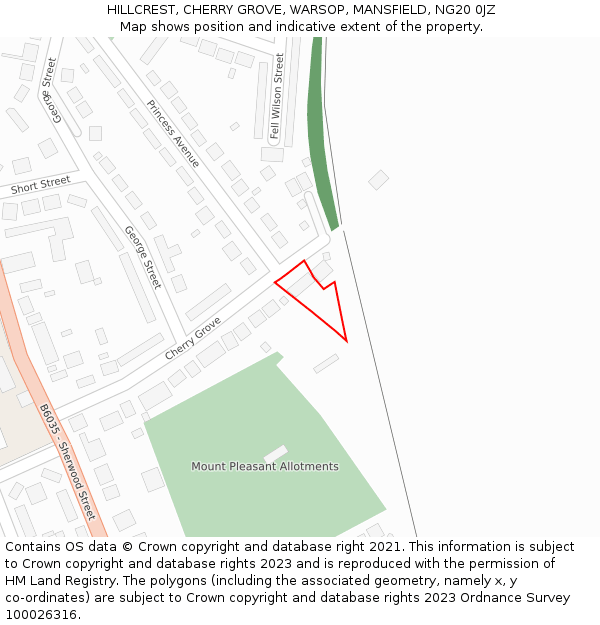 HILLCREST, CHERRY GROVE, WARSOP, MANSFIELD, NG20 0JZ: Location map and indicative extent of plot