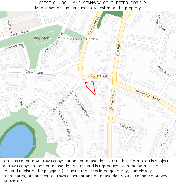 HILLCREST, CHURCH LANE, STANWAY, COLCHESTER, CO3 8LP: Location map and indicative extent of plot