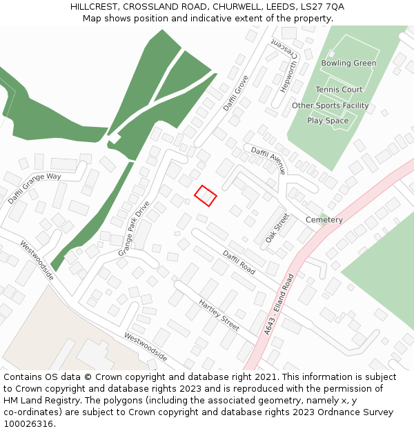 HILLCREST, CROSSLAND ROAD, CHURWELL, LEEDS, LS27 7QA: Location map and indicative extent of plot