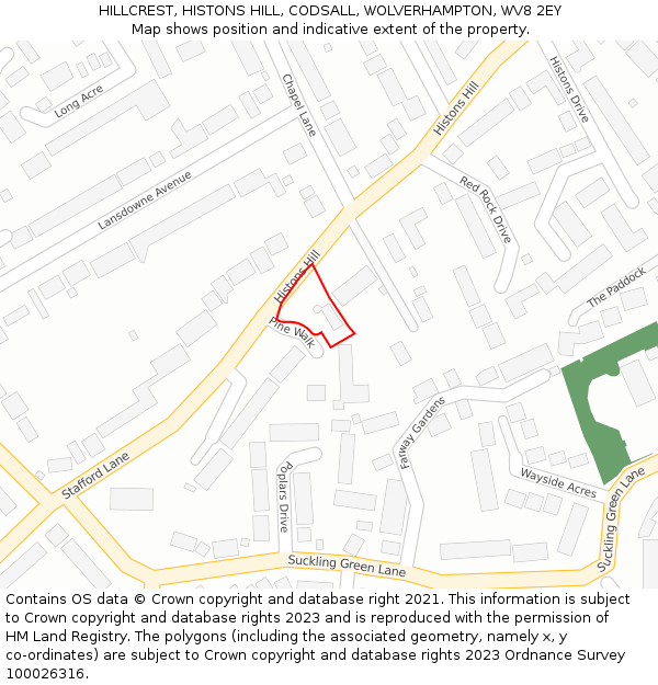 HILLCREST, HISTONS HILL, CODSALL, WOLVERHAMPTON, WV8 2EY: Location map and indicative extent of plot