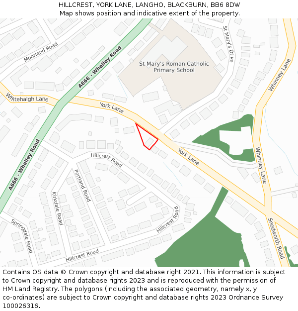 HILLCREST, YORK LANE, LANGHO, BLACKBURN, BB6 8DW: Location map and indicative extent of plot