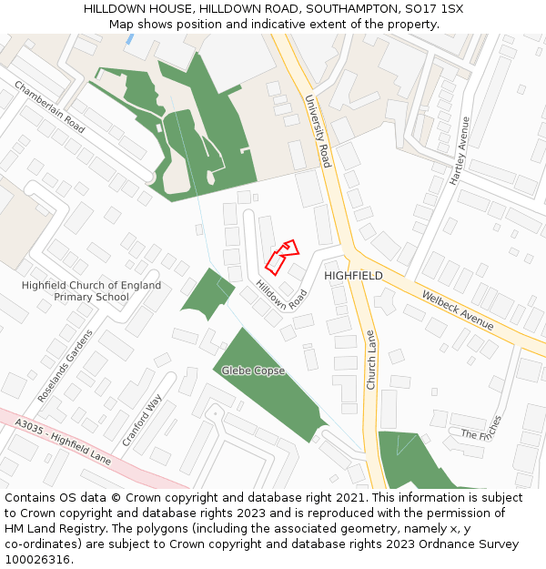 HILLDOWN HOUSE, HILLDOWN ROAD, SOUTHAMPTON, SO17 1SX: Location map and indicative extent of plot