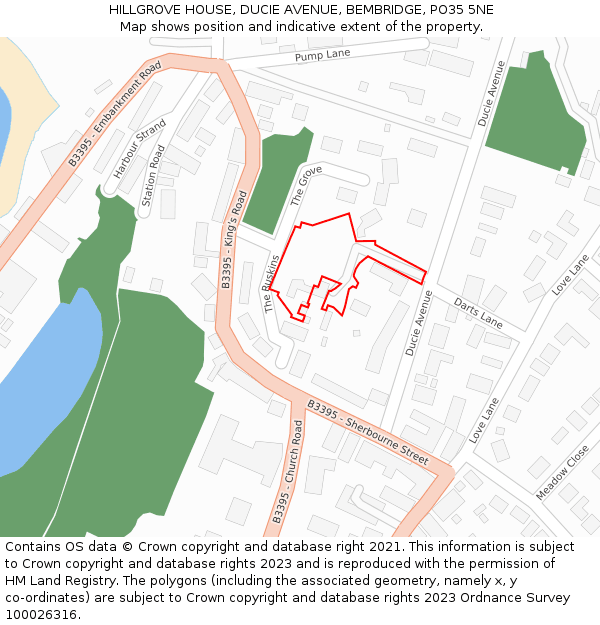 HILLGROVE HOUSE, DUCIE AVENUE, BEMBRIDGE, PO35 5NE: Location map and indicative extent of plot