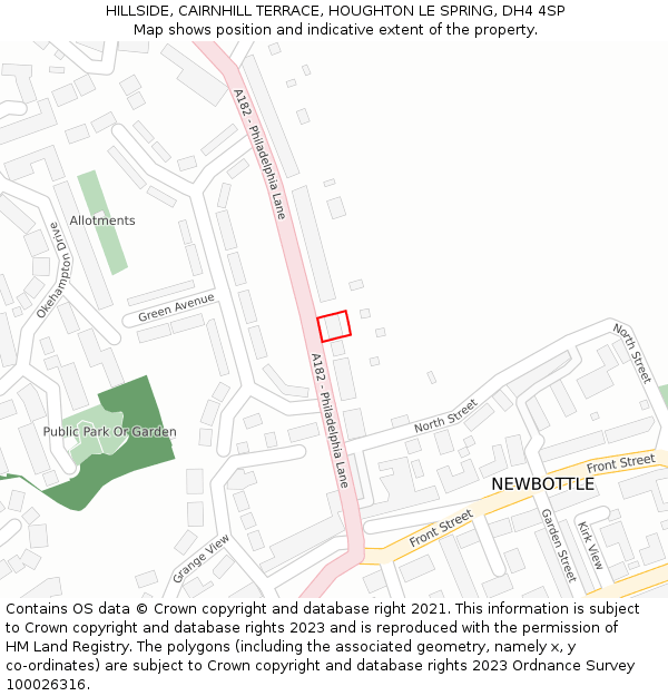 HILLSIDE, CAIRNHILL TERRACE, HOUGHTON LE SPRING, DH4 4SP: Location map and indicative extent of plot