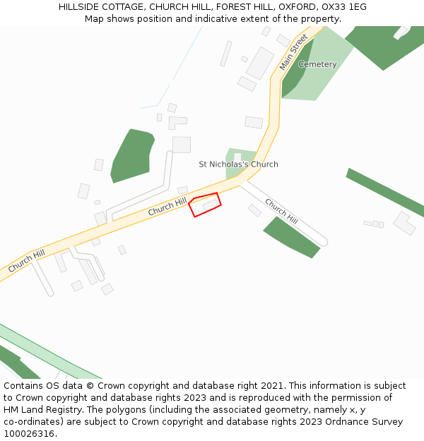 HILLSIDE COTTAGE, CHURCH HILL, FOREST HILL, OXFORD, OX33 1EG: Location map and indicative extent of plot