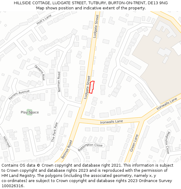 HILLSIDE COTTAGE, LUDGATE STREET, TUTBURY, BURTON-ON-TRENT, DE13 9NG: Location map and indicative extent of plot