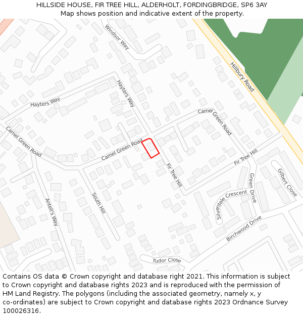 HILLSIDE HOUSE, FIR TREE HILL, ALDERHOLT, FORDINGBRIDGE, SP6 3AY: Location map and indicative extent of plot