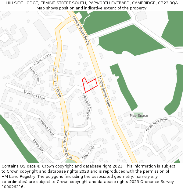 HILLSIDE LODGE, ERMINE STREET SOUTH, PAPWORTH EVERARD, CAMBRIDGE, CB23 3QA: Location map and indicative extent of plot