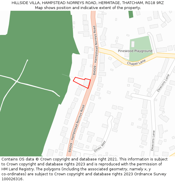 HILLSIDE VILLA, HAMPSTEAD NORREYS ROAD, HERMITAGE, THATCHAM, RG18 9RZ: Location map and indicative extent of plot