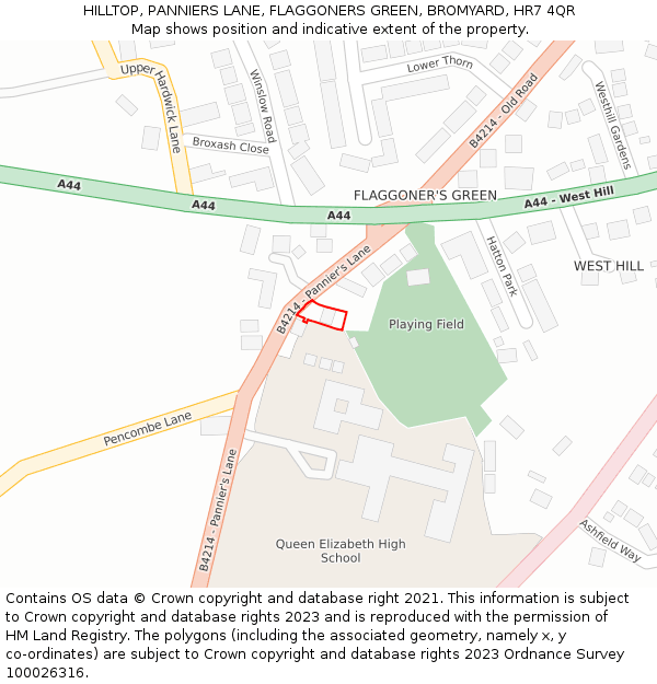 HILLTOP, PANNIERS LANE, FLAGGONERS GREEN, BROMYARD, HR7 4QR: Location map and indicative extent of plot